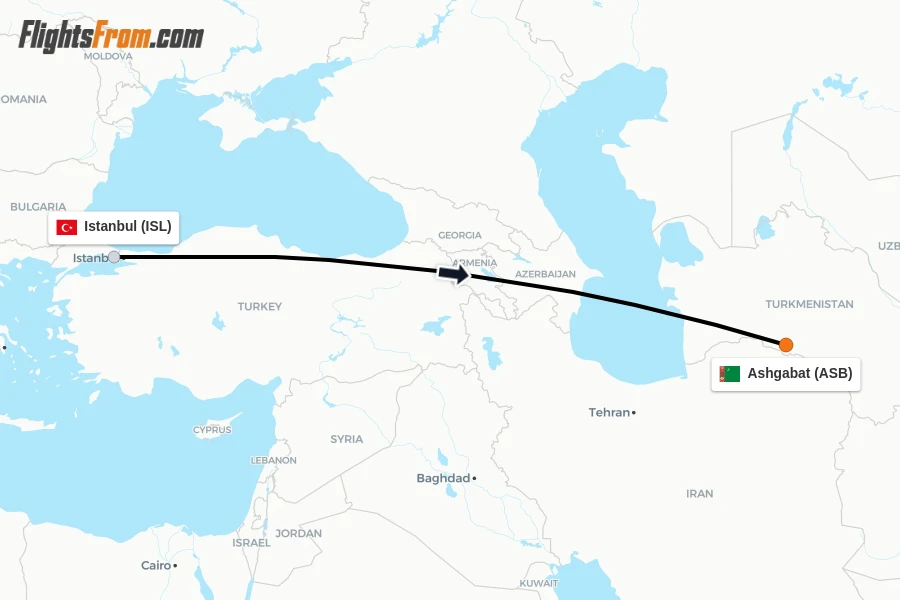 Flights from Istanbul to Ashgabat route map