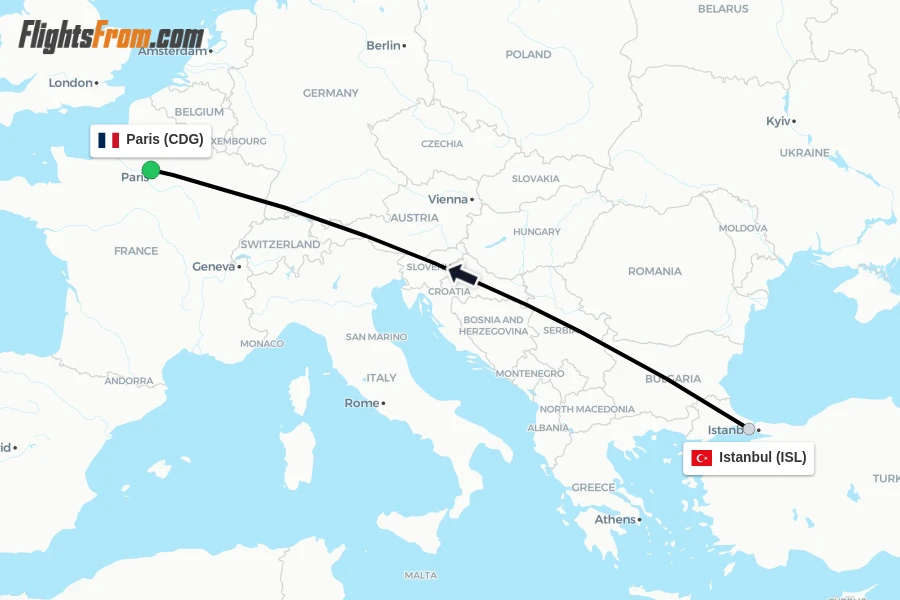 Flights from Istanbul to Paris route map