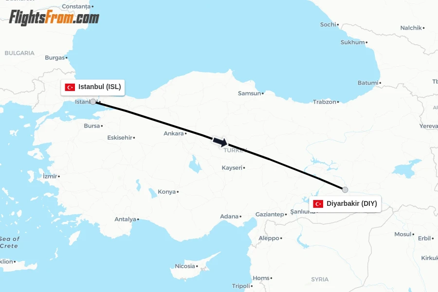 Flights from Istanbul to Diyarbakir route map