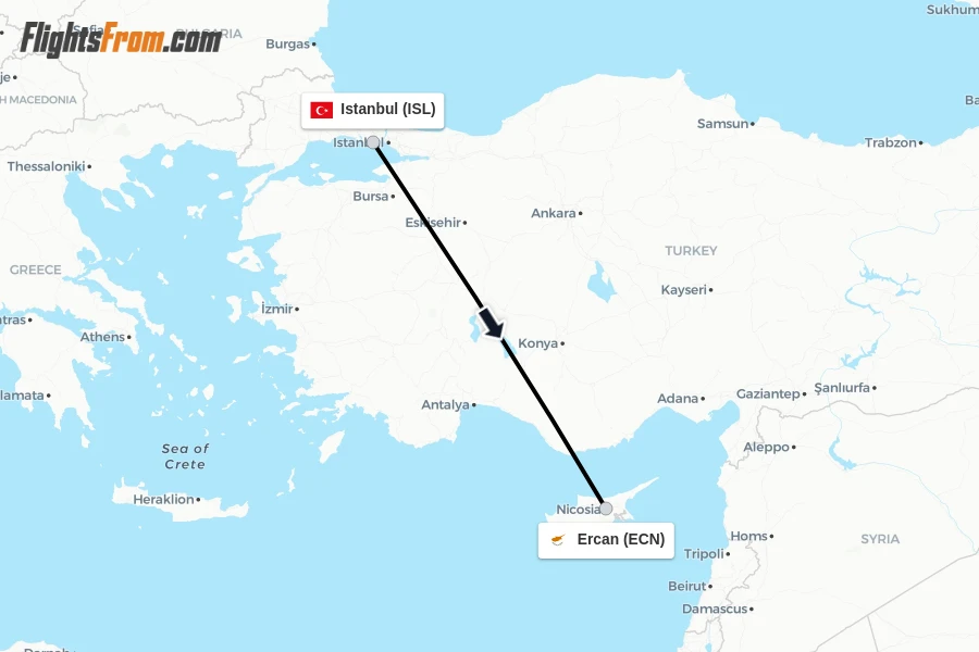 Flights from Istanbul to Ercan route map