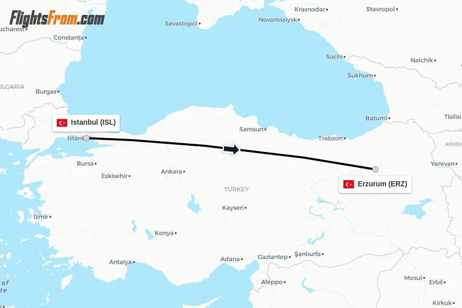 Flights from Istanbul to Erzurum route map