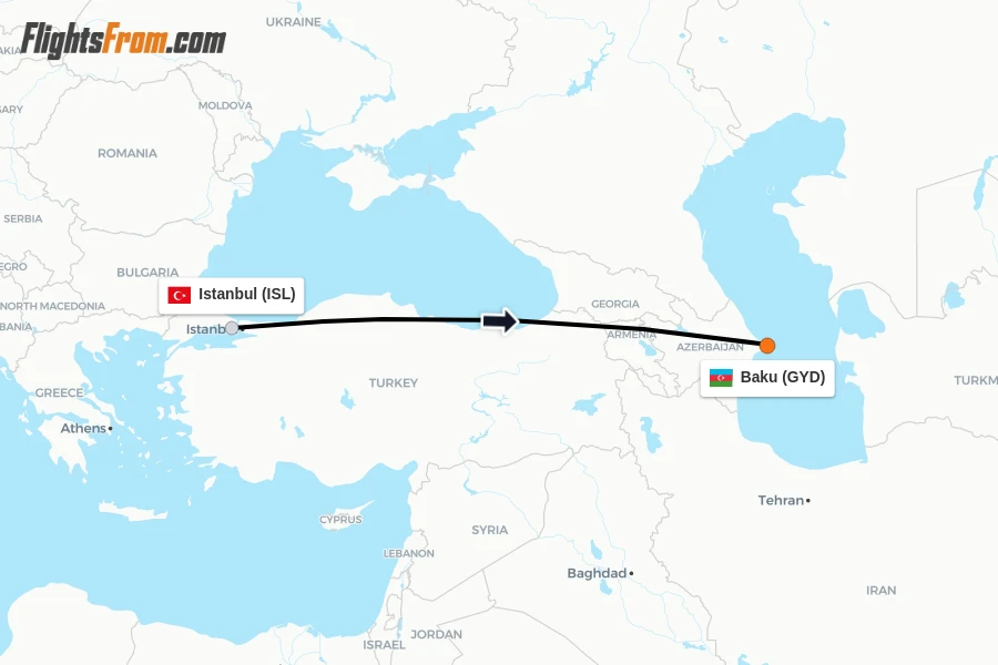 Flights from Istanbul to Baku route map