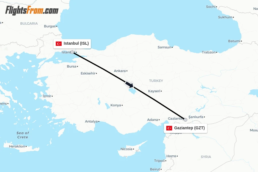 Flights from Istanbul to Gaziantep route map