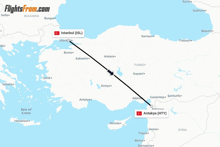 Flights from Istanbul to Antakya route map