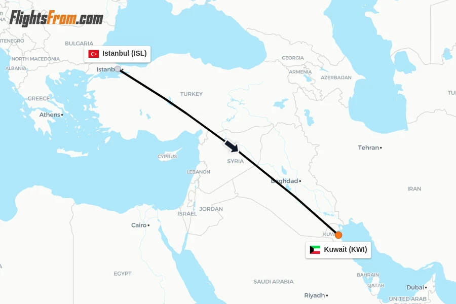 Flights from Istanbul to Kuwait route map
