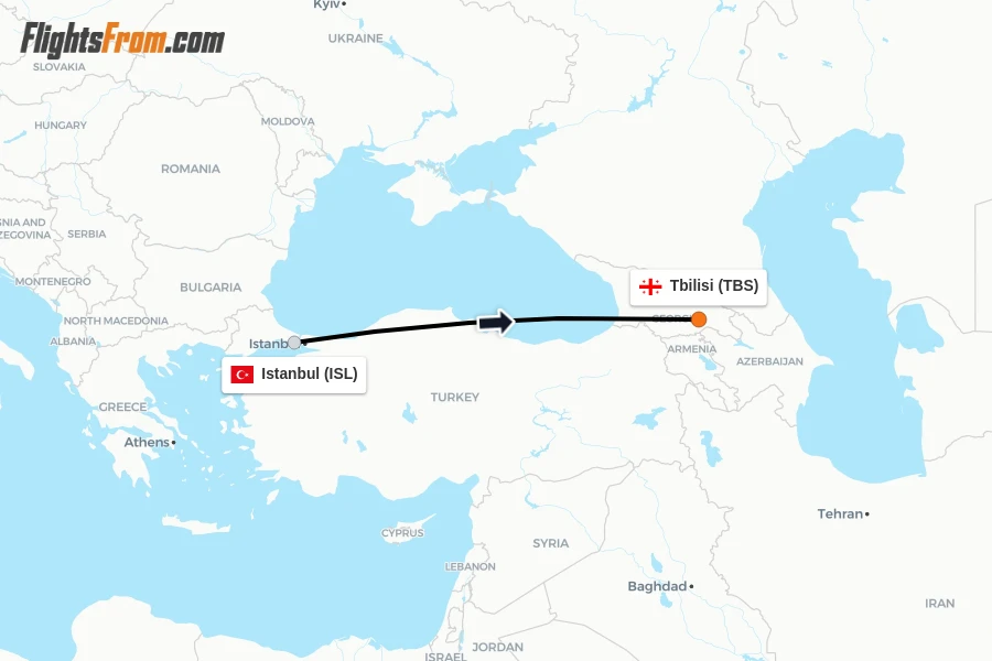 Flights from Istanbul to Tbilisi route map