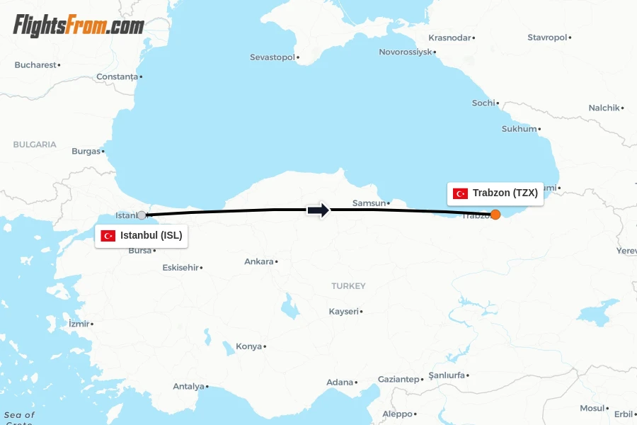 Flights from Istanbul to Trabzon route map