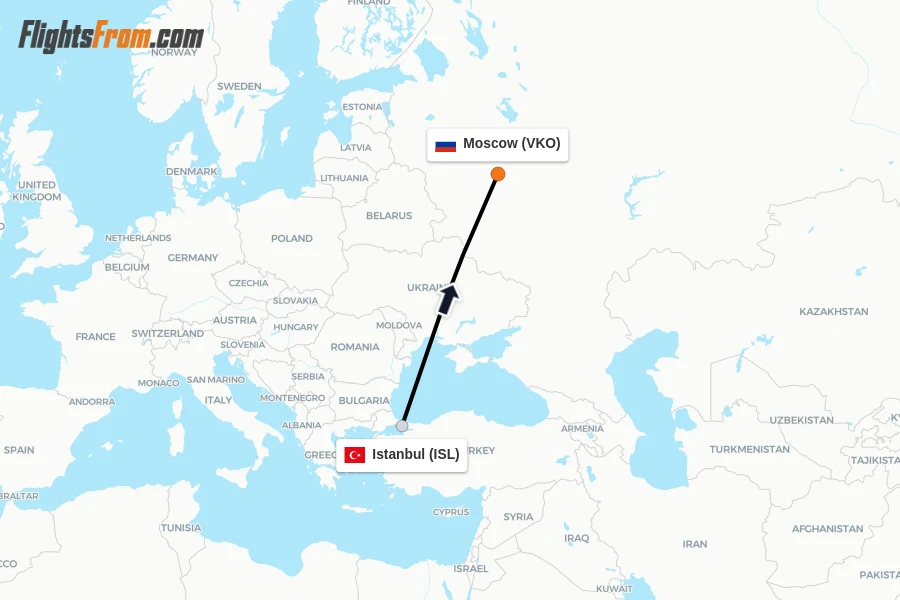 Flights from Istanbul to Moscow route map
