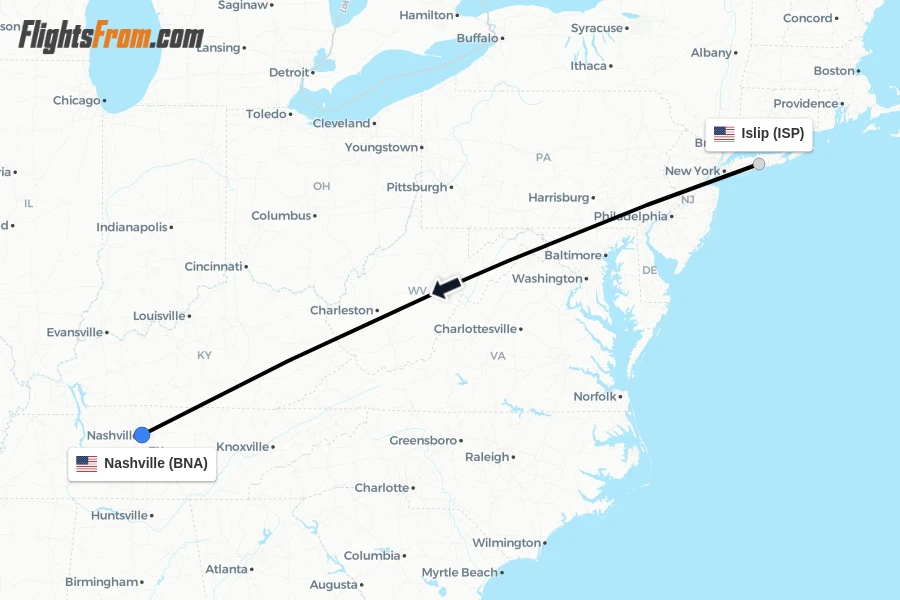Flights from Islip to Nashville route map