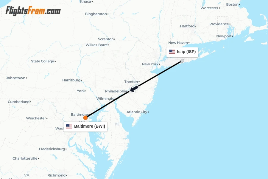 Flights from Islip to Baltimore route map