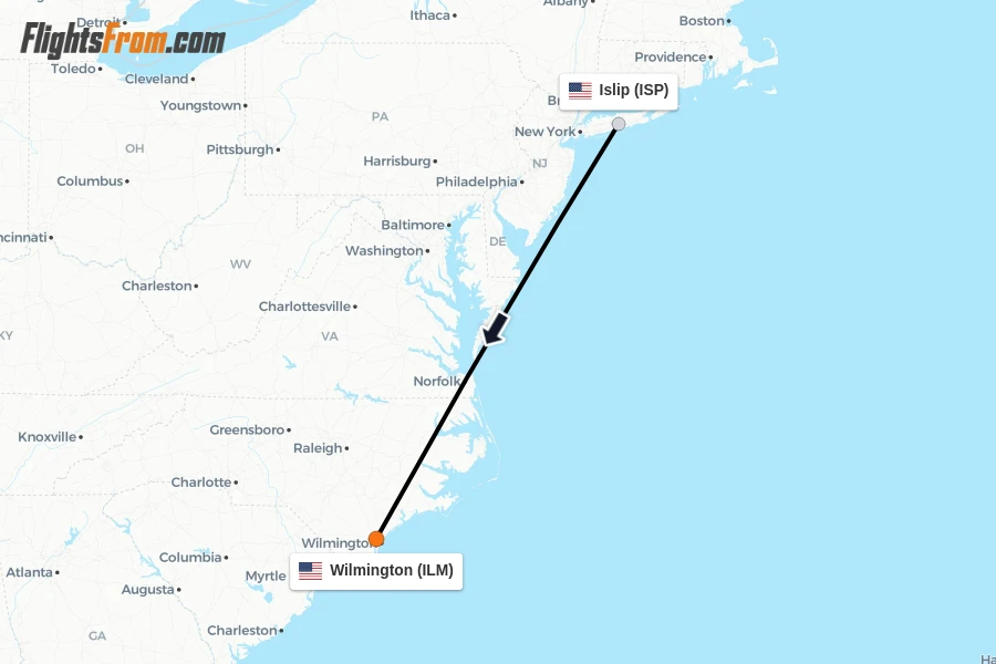 Flights from Islip to Wilmington route map