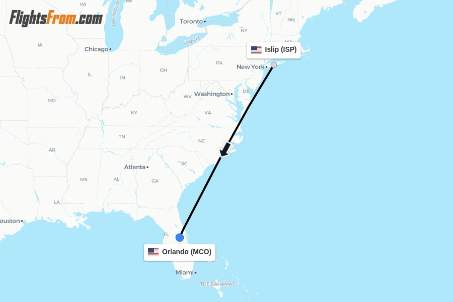 Flights from Islip to Orlando route map