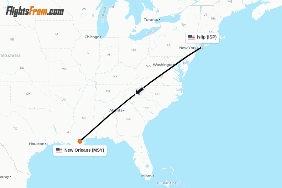 Flights from Islip to New Orleans route map