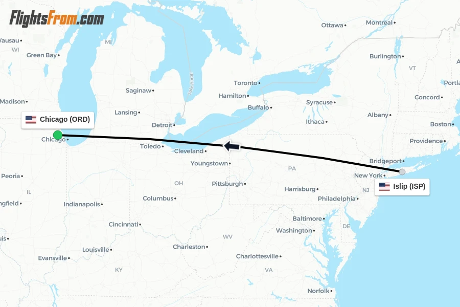 Flights from Islip to Chicago route map