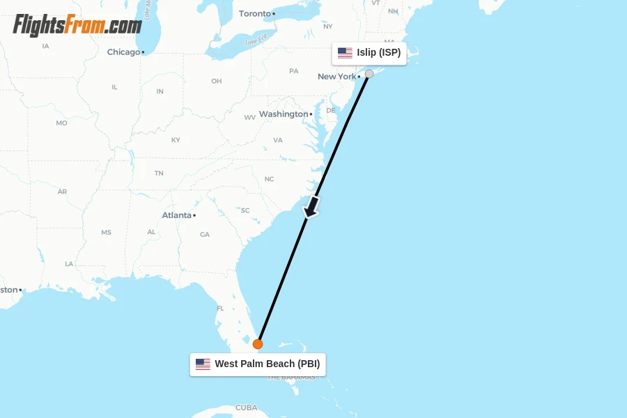Flights from Islip to West Palm Beach route map