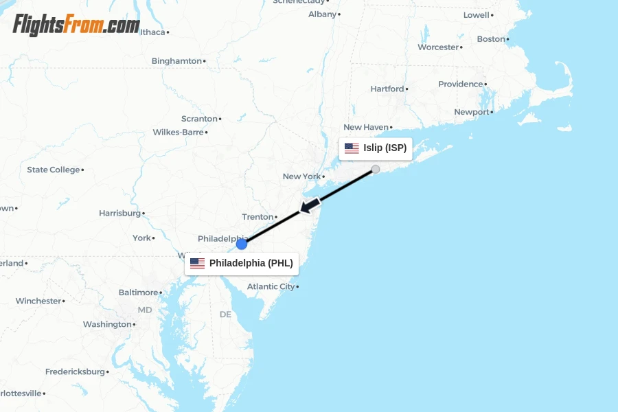 Flights from Islip to Philadelphia route map