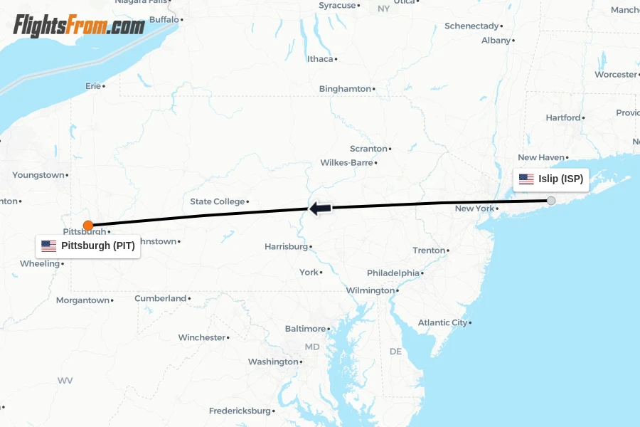 Flights from Islip to Pittsburgh route map