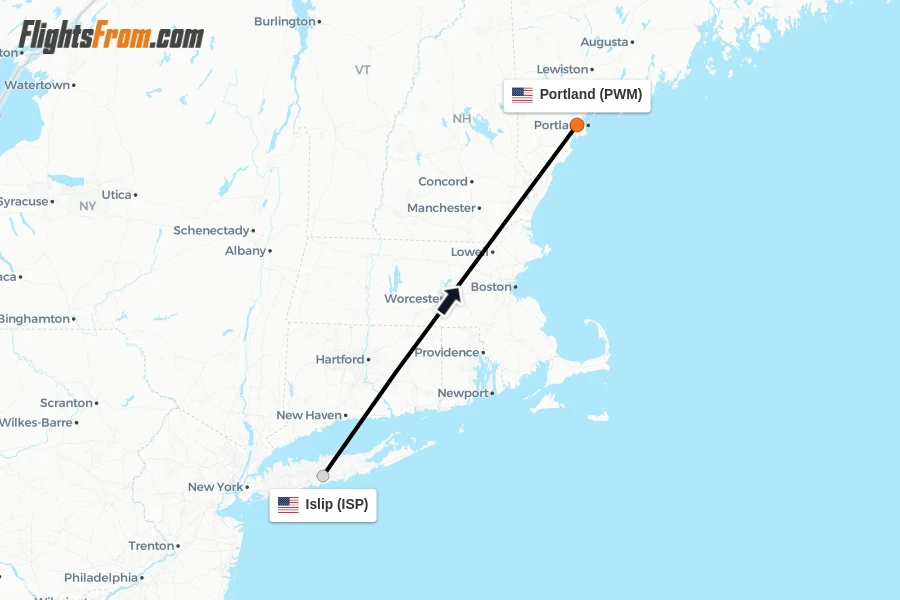 Flights from Islip to Portland route map