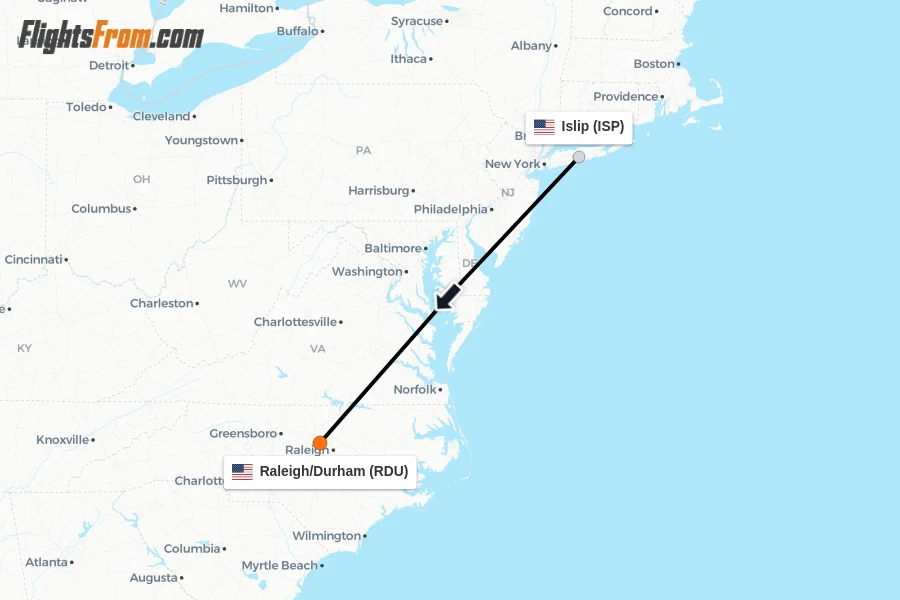 Flights from Islip to Raleigh/Durham route map