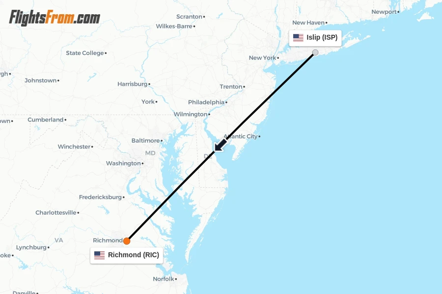 Flights from Islip to Richmond route map