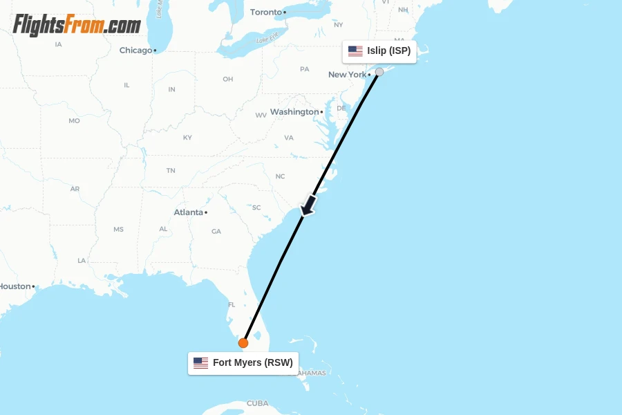 Flights from Islip to Fort Myers route map