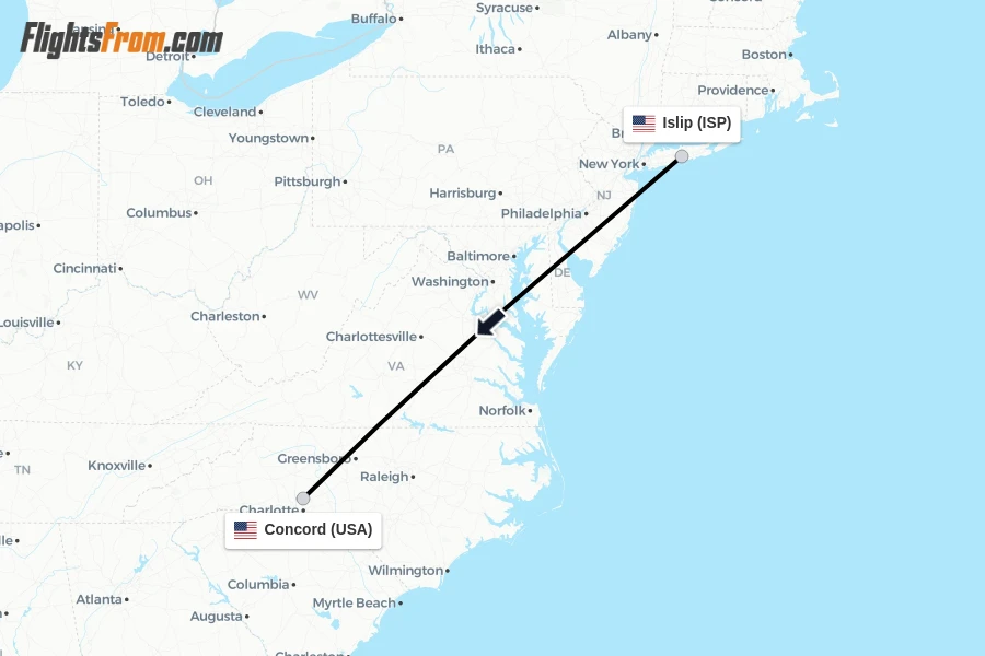 Flights from Islip to Concord route map