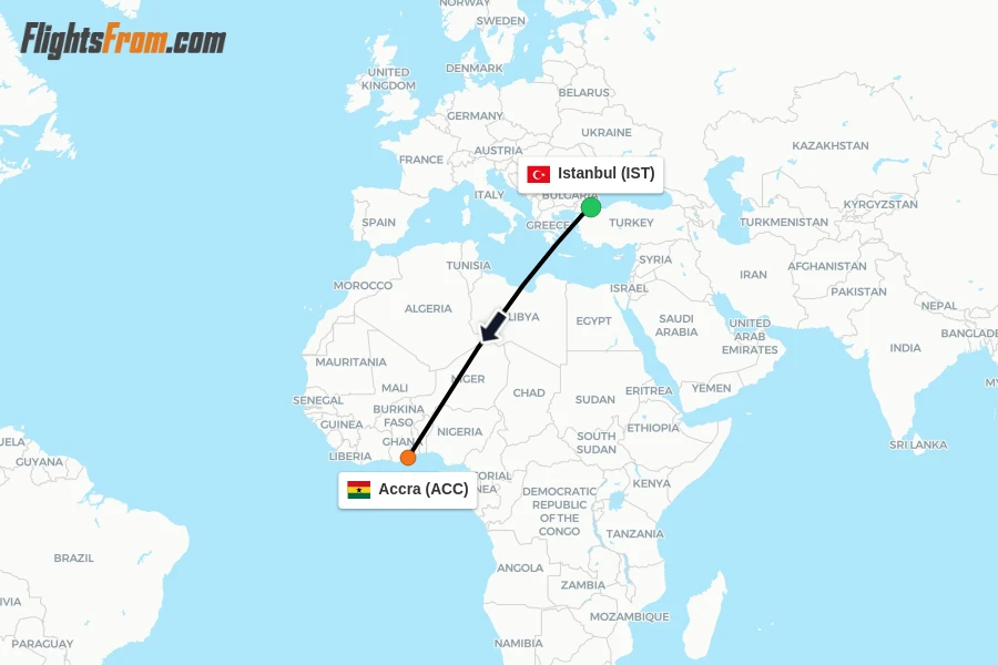 Flights from Istanbul to Accra route map