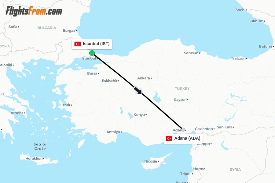 Flights from Istanbul to Adana route map