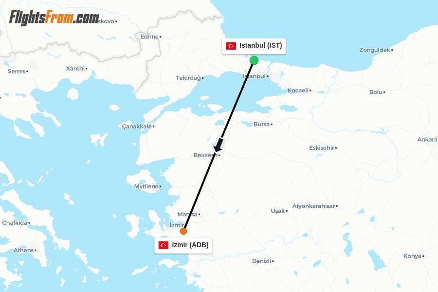 Flights from Istanbul to Izmir route map