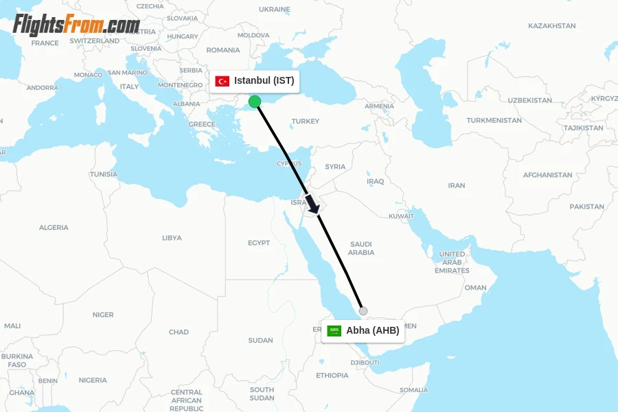 Flights from Istanbul to Abha route map