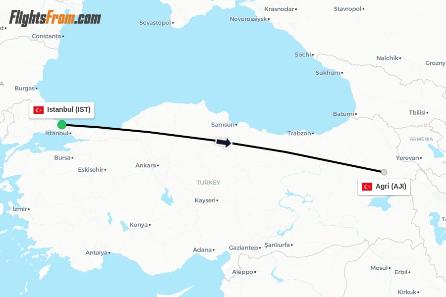 Flights from Istanbul to Agri route map