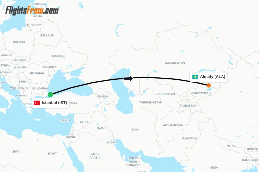 Flights from Istanbul to Almaty route map
