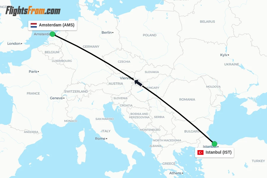 Flights from Istanbul to Amsterdam route map