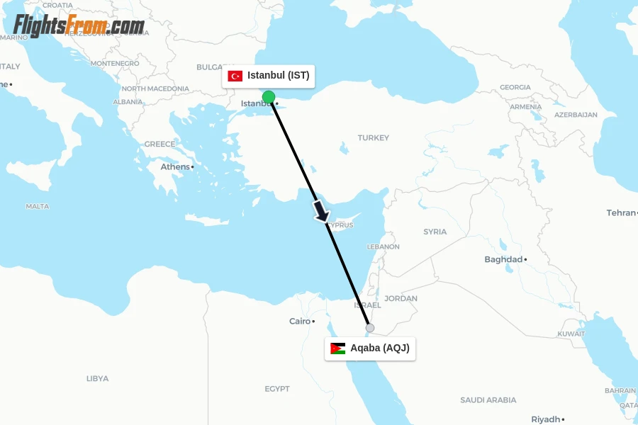 Flights from Istanbul to Aqaba route map