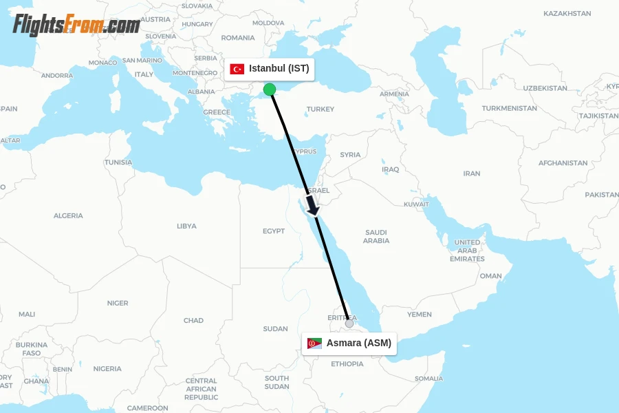 Flights from Istanbul to Asmara route map