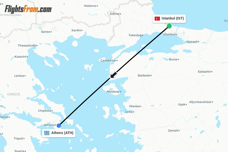 Flights from Istanbul to Athens route map