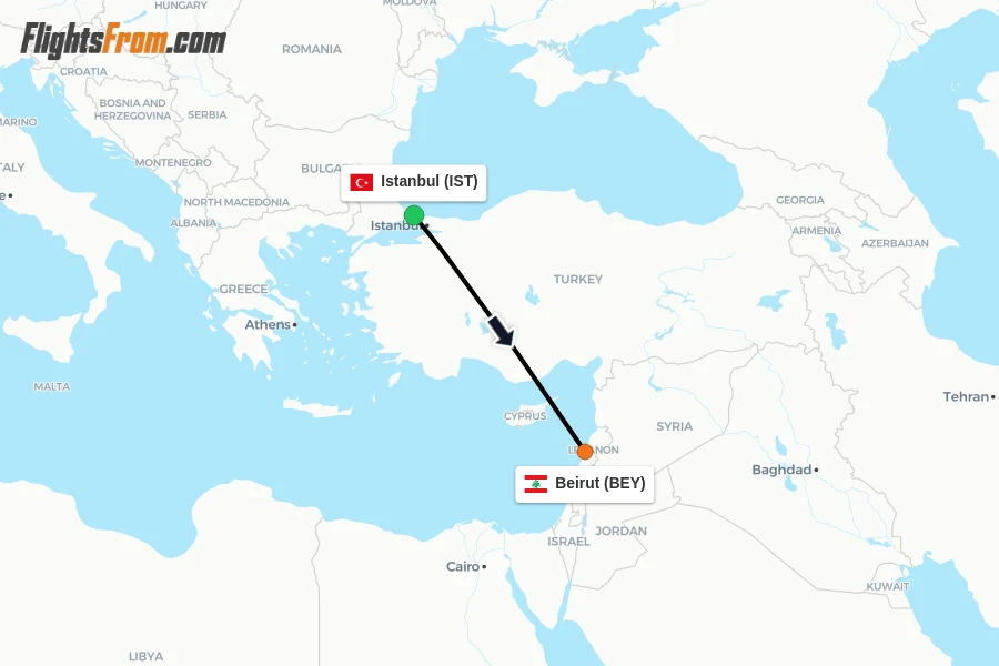 Flights from Istanbul to Beirut route map