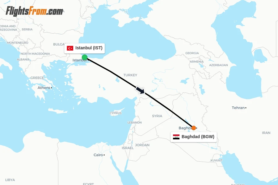 Flights from Istanbul to Baghdad route map