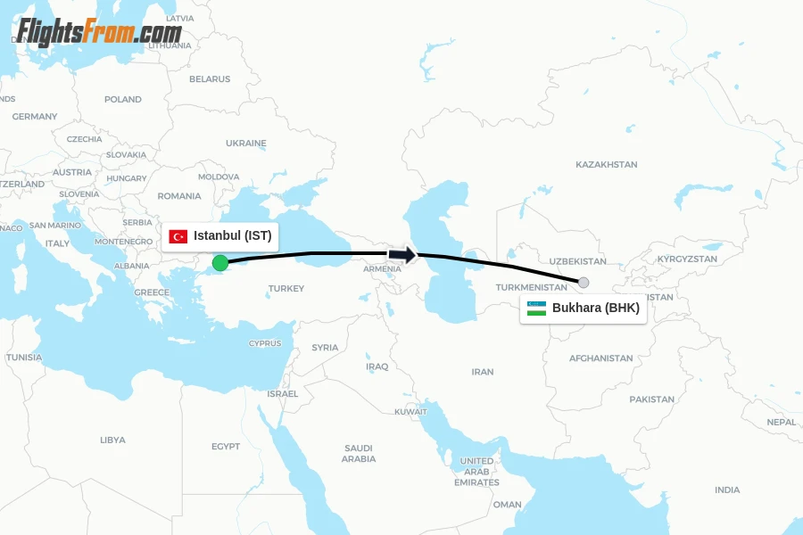 Flights from Istanbul to Bukhara route map