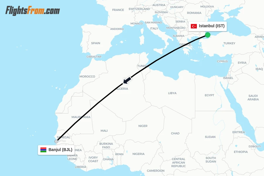 Flights from Istanbul to Banjul route map