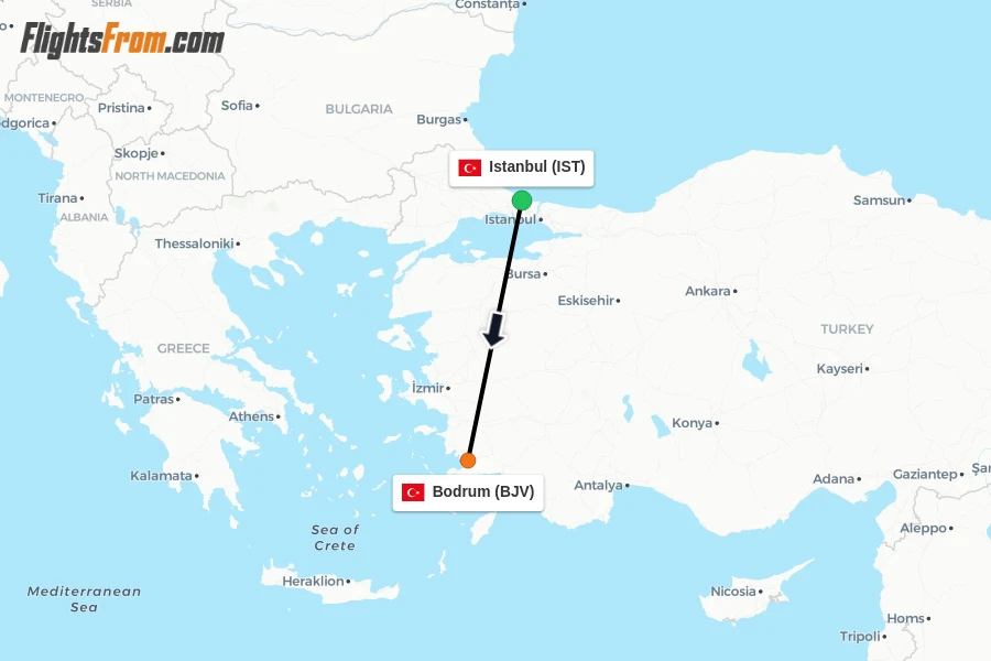 Flights from Istanbul to Bodrum route map