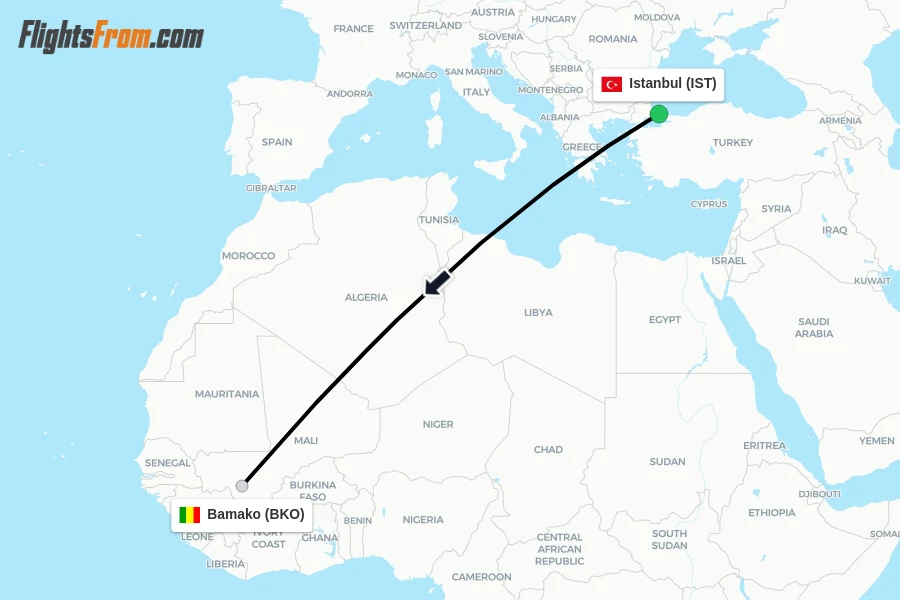 Flights from Istanbul to Bamako route map
