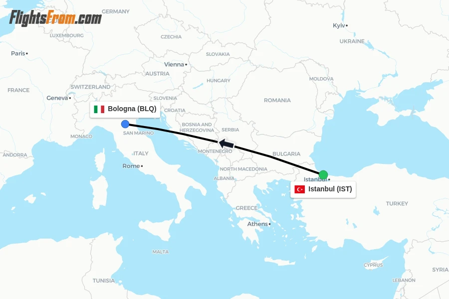 Flights from Istanbul to Bologna route map