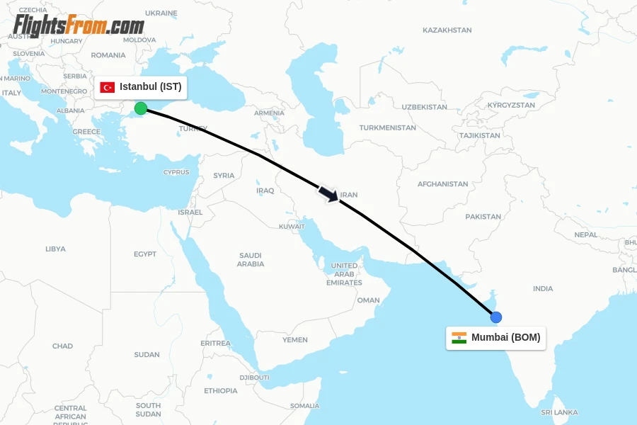 Flights from Istanbul to Mumbai route map