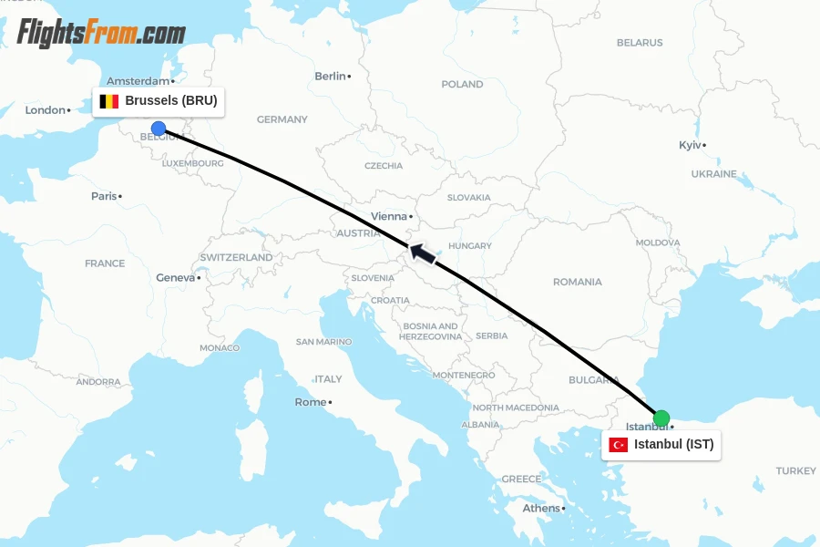 Flights from Istanbul to Brussels route map