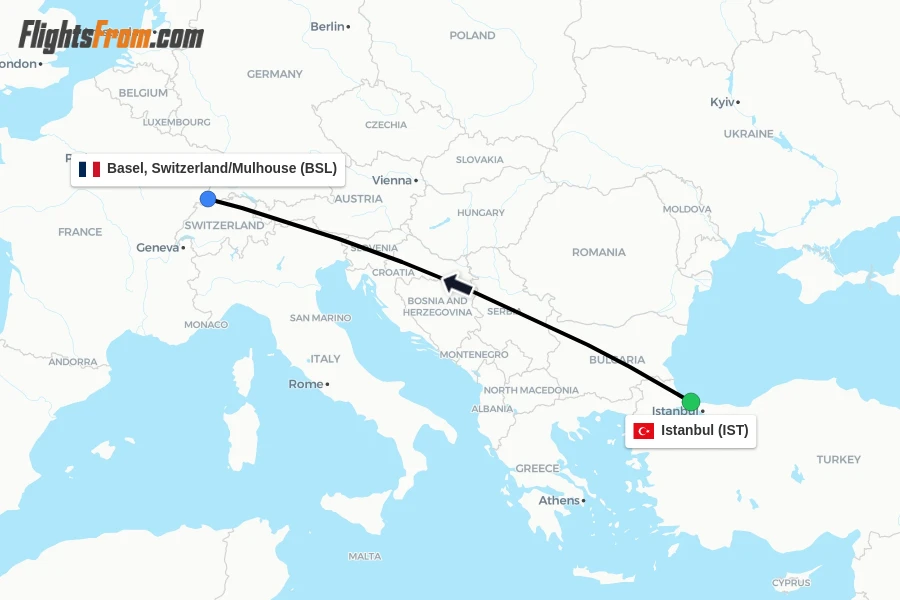 Flights from Istanbul to Basel, Switzerland/Mulhouse route map