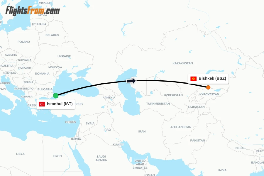 Flights from Istanbul to Bishkek route map