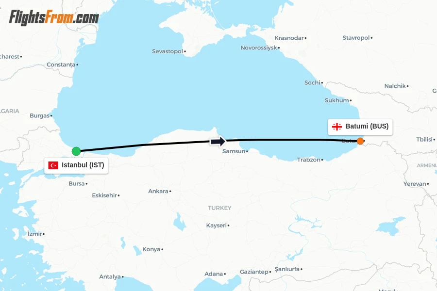Flights from Istanbul to Batumi route map