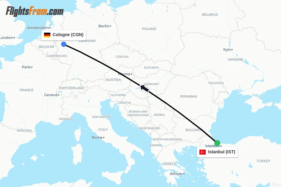 Flights from Istanbul to Cologne route map