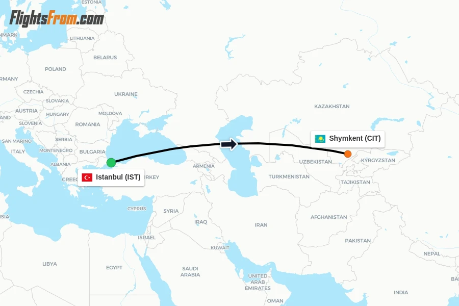Flights from Istanbul to Shymkent route map